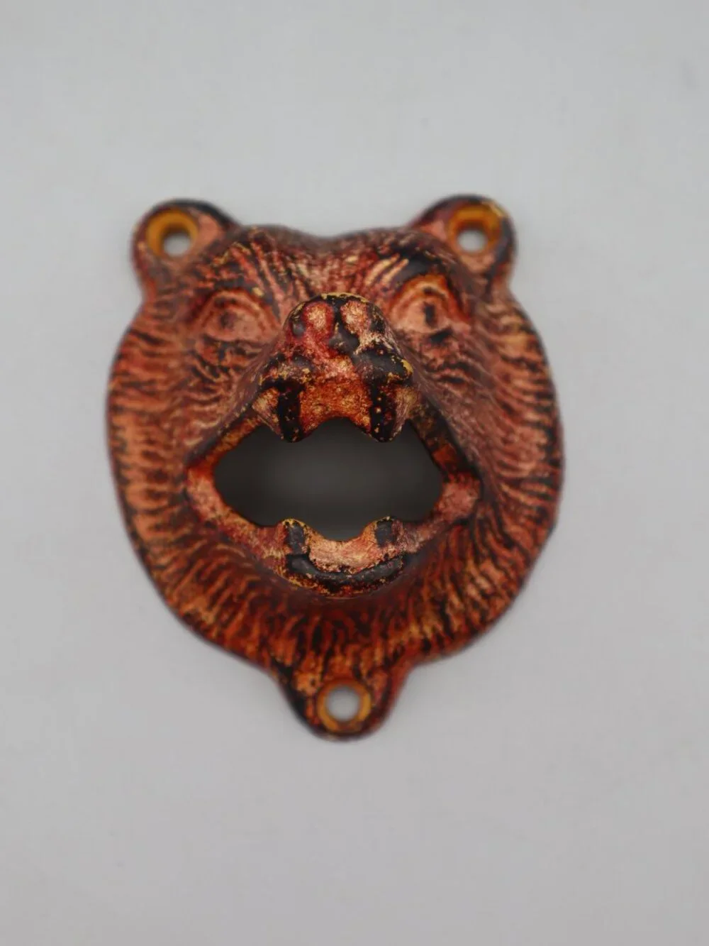Vtg Cast Iron Grizzly Bear Bottle Opener Wall Mount Orange Cabincore Man Cave